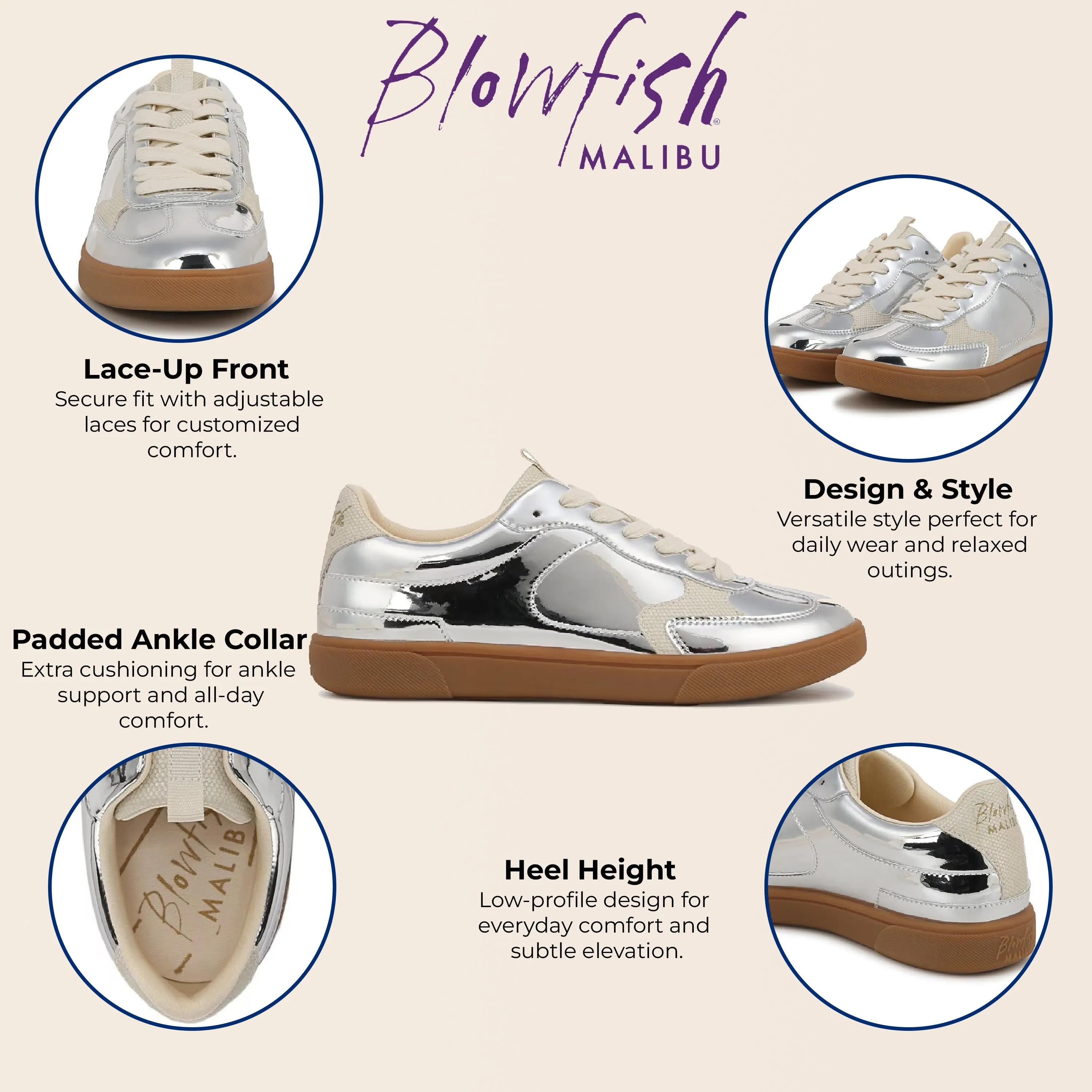 Blowfish Malibu Womens Silver Lace-Up Sneakers - Tastic