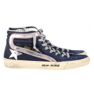 Golden Goose Slide High-Top Sneakers in Navy Blue Suede and Leather