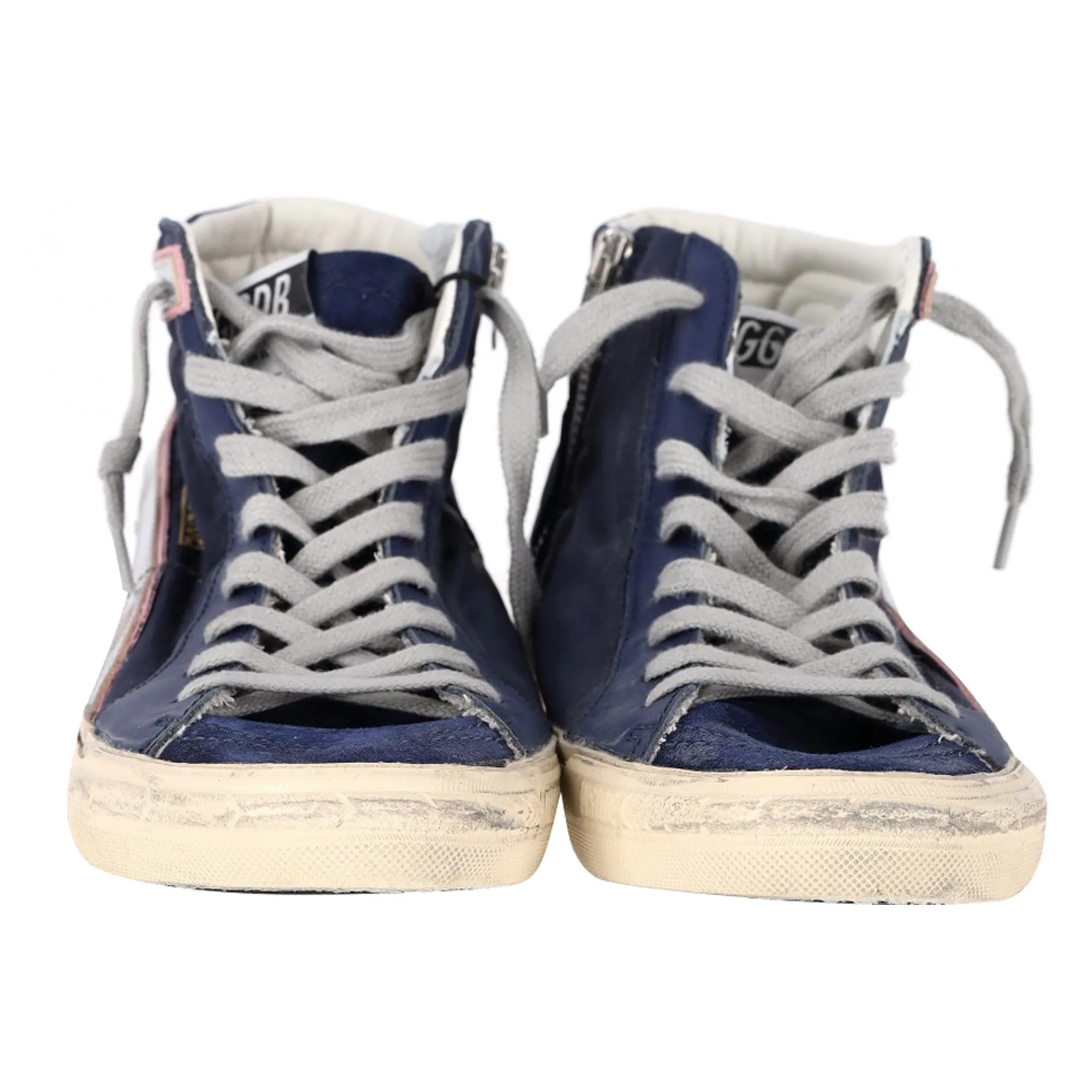 Golden Goose Slide High-Top Sneakers in Navy Blue Suede and Leather