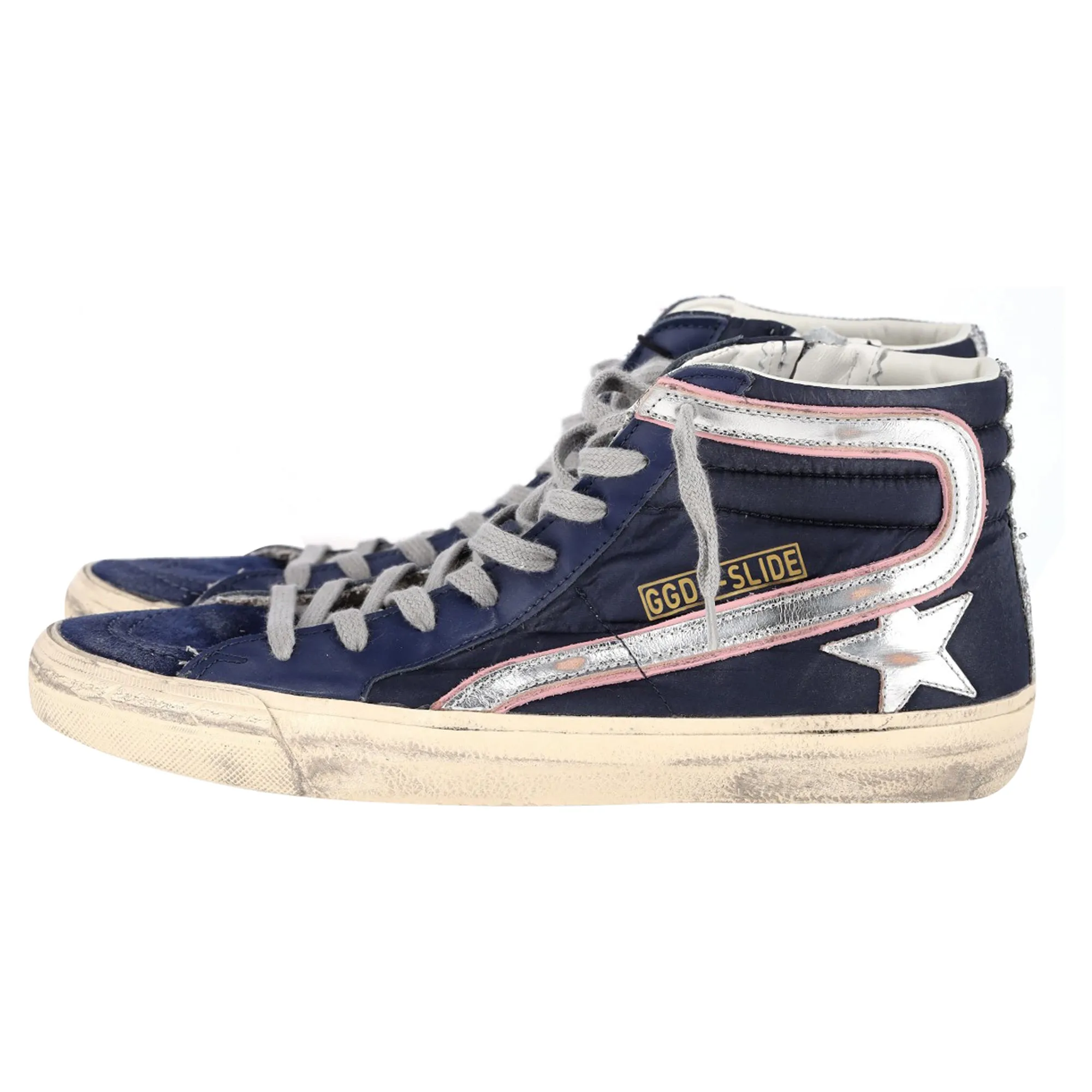 Golden Goose Slide High-Top Sneakers in Navy Blue Suede and Leather