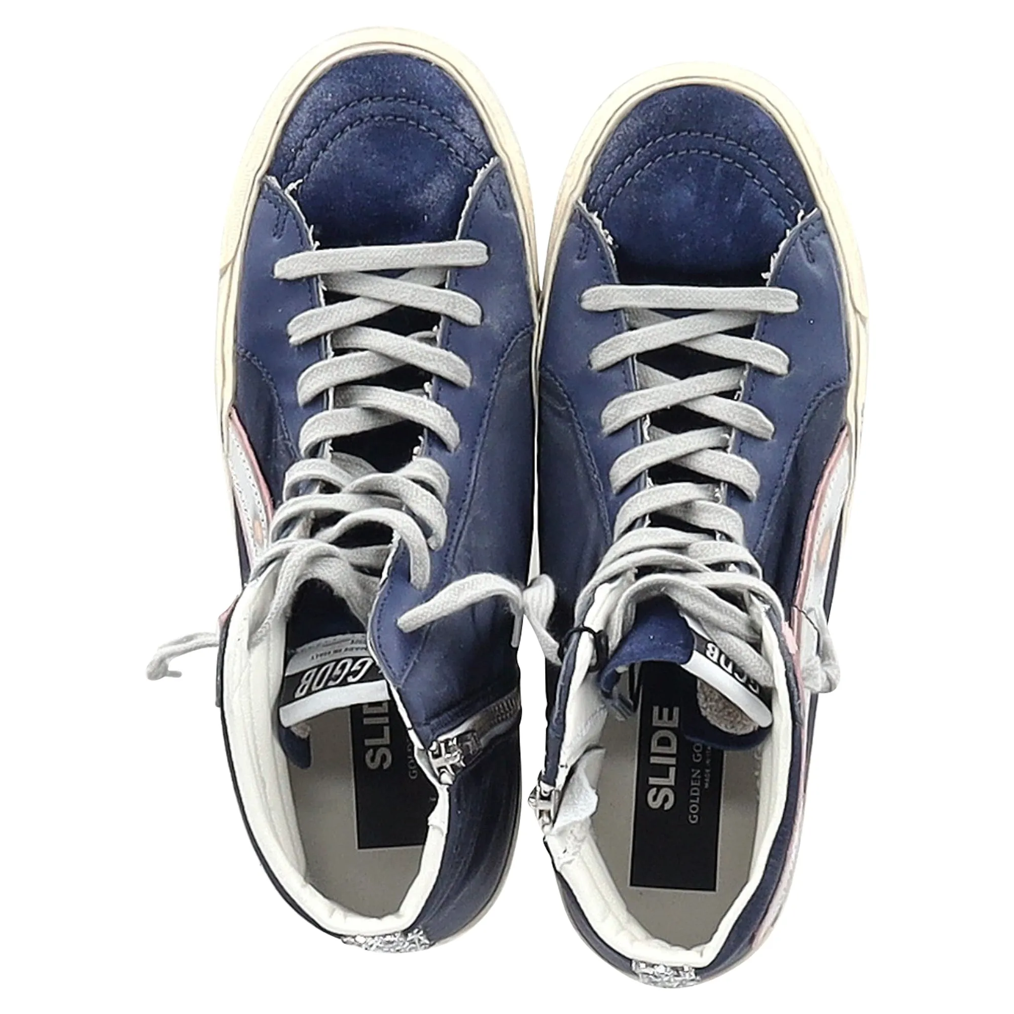 Golden Goose Slide High-Top Sneakers in Navy Blue Suede and Leather