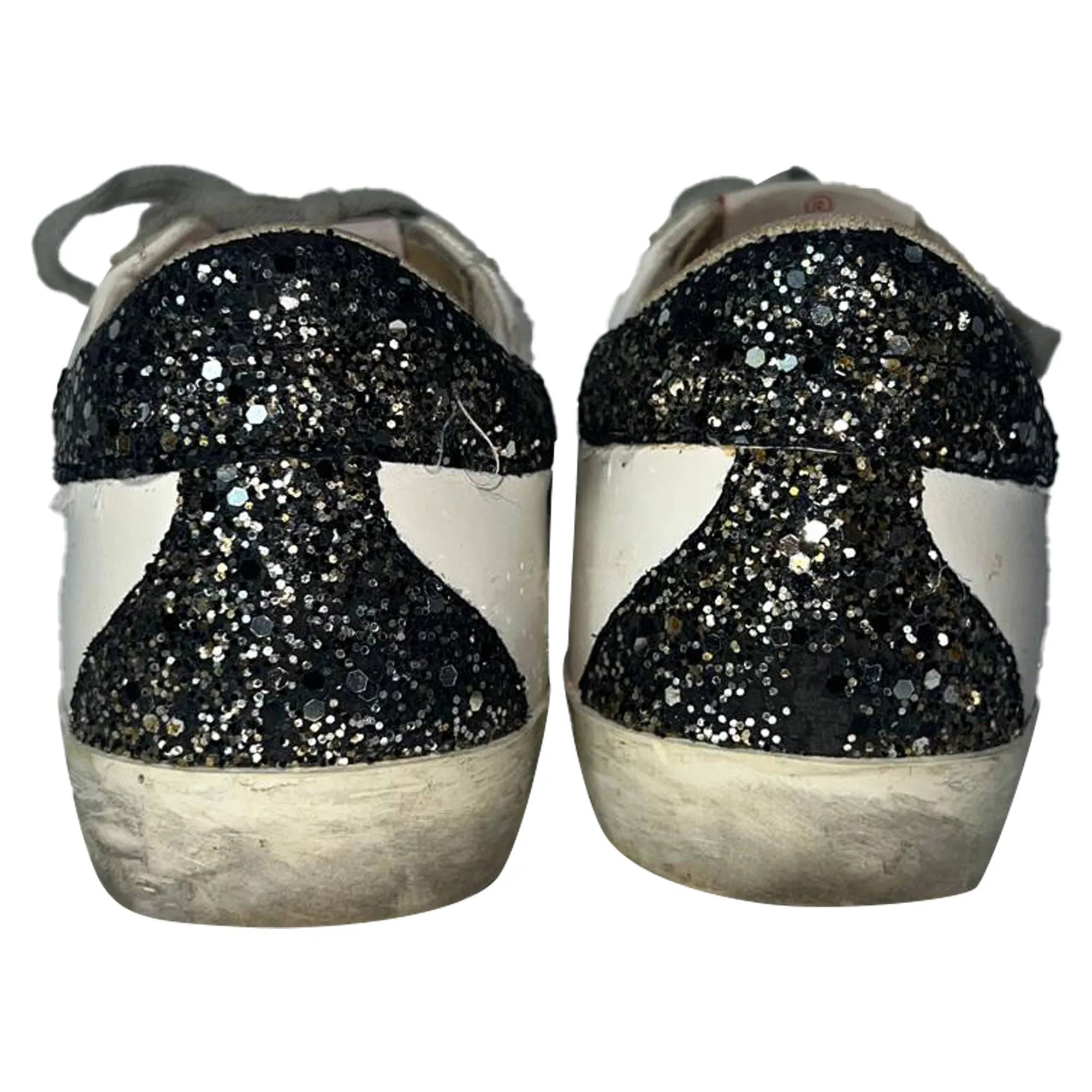 Golden Goose Super-Star Glittered Heel Tab Low-Top Sneakers in White Cowhide Leather