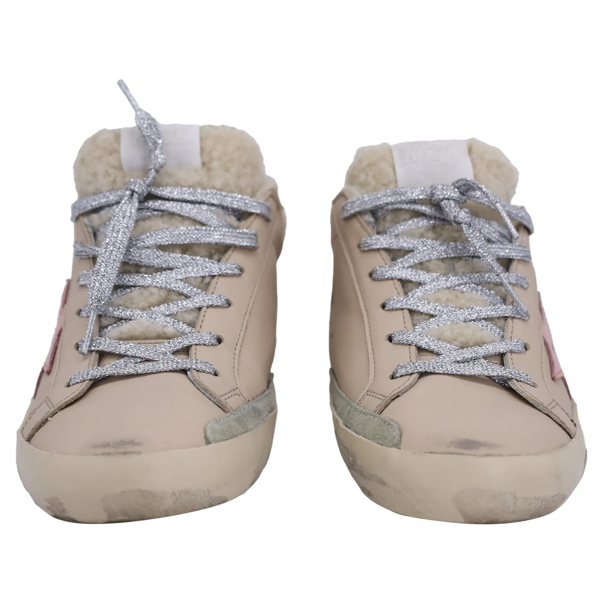 Golden Goose Super-Star with Shearling Low-Top Sneakers in Nude Leather