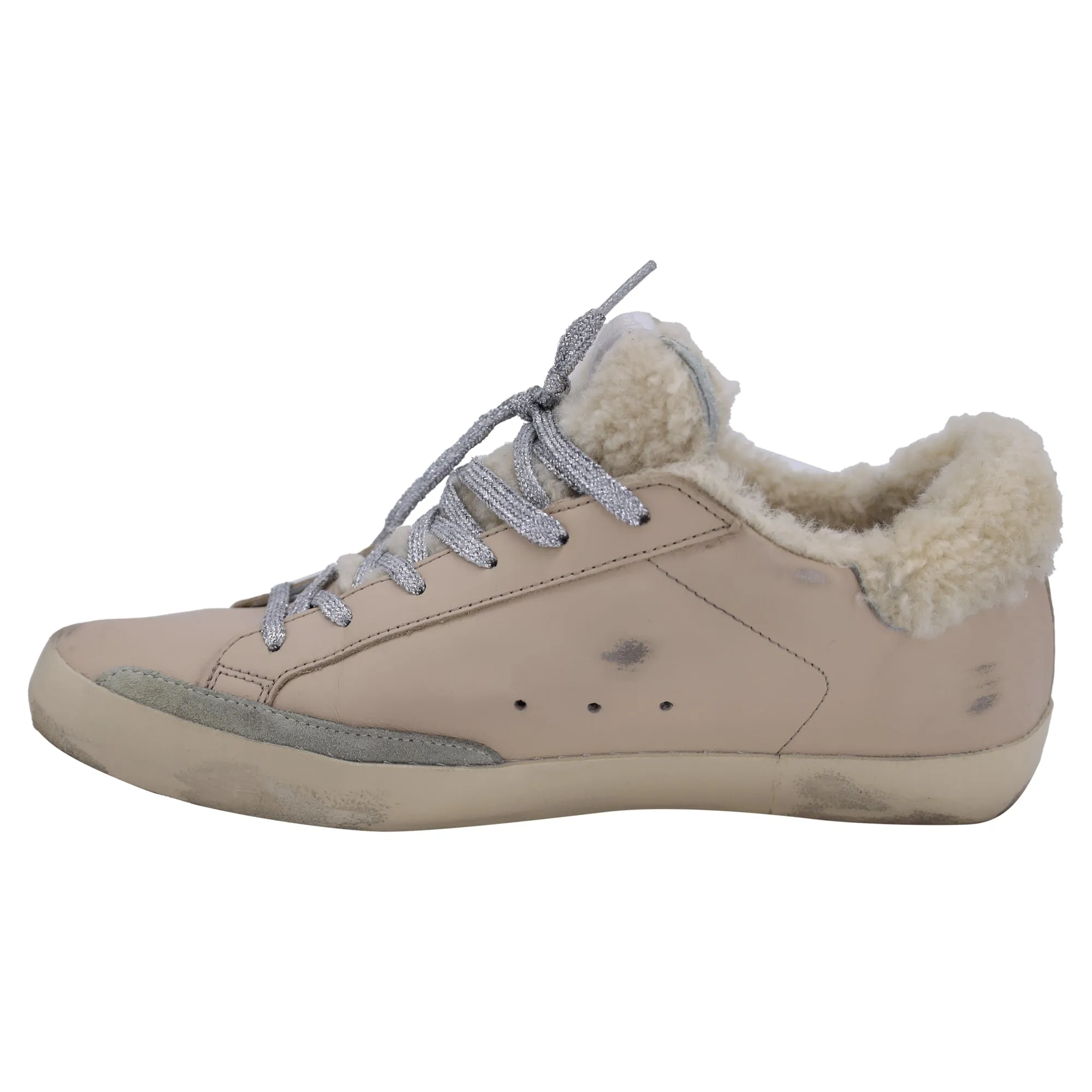 Golden Goose Super-Star with Shearling Low-Top Sneakers in Nude Leather