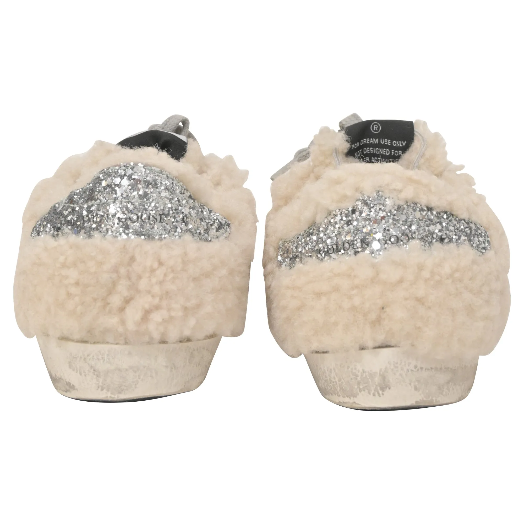 Golden Goose Superstar Sabot Distressed Glittered Shearling Slip-On Sneakers in White Wool
