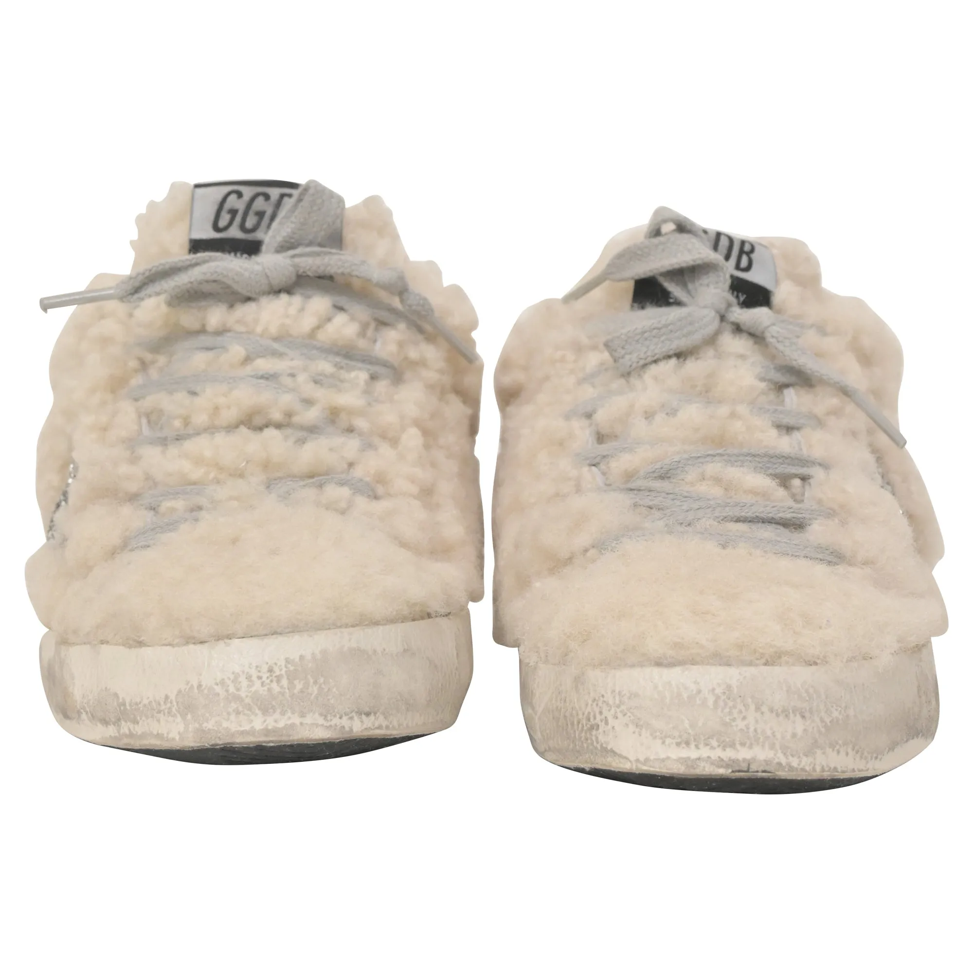 Golden Goose Superstar Sabot Distressed Glittered Shearling Slip-On Sneakers in White Wool