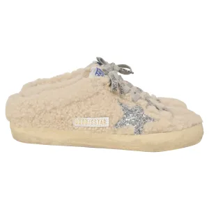 Golden Goose Superstar Sabot Distressed Glittered Shearling Slip-On Sneakers in White Wool