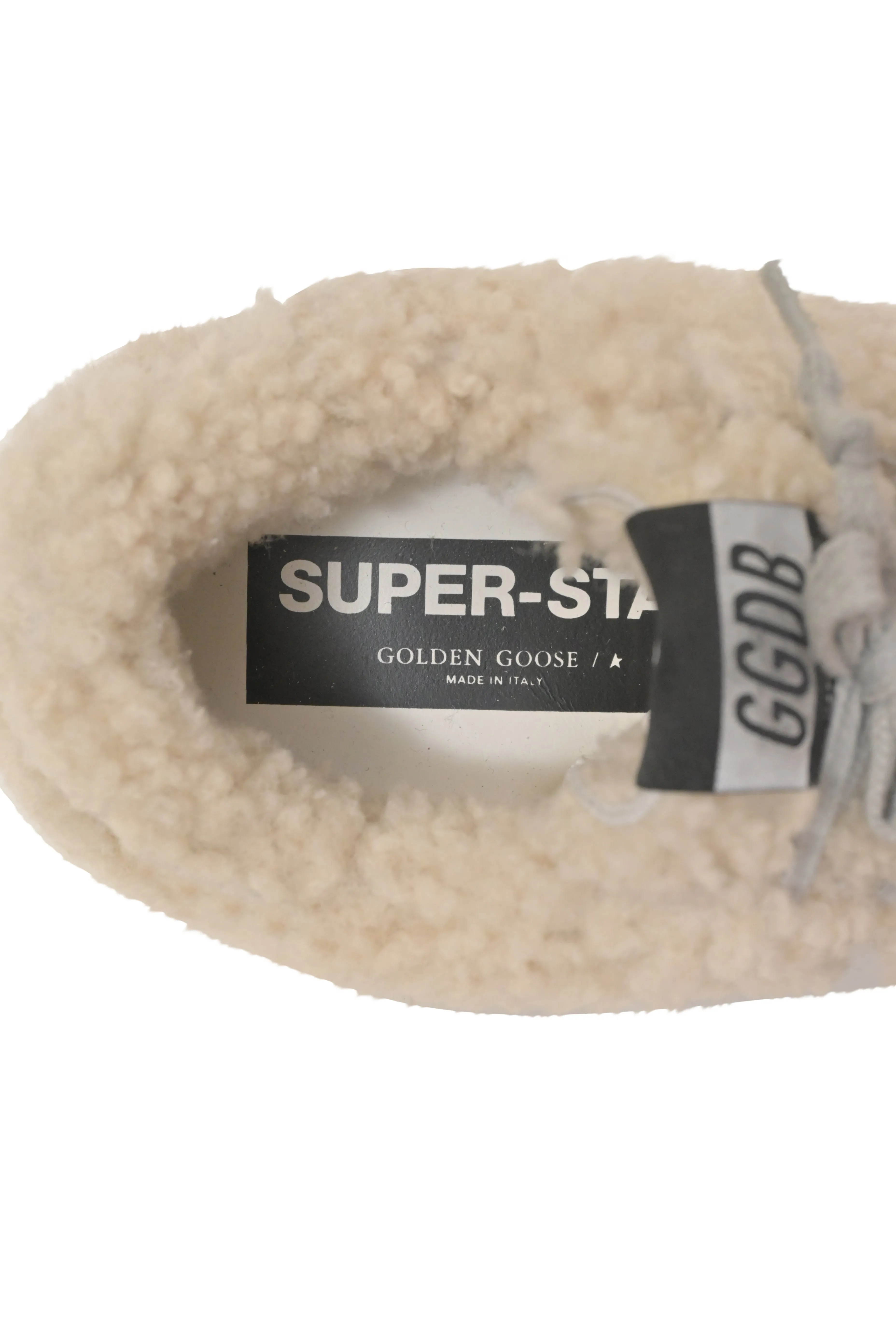 Golden Goose Superstar Sabot Distressed Glittered Shearling Slip-On Sneakers in White Wool