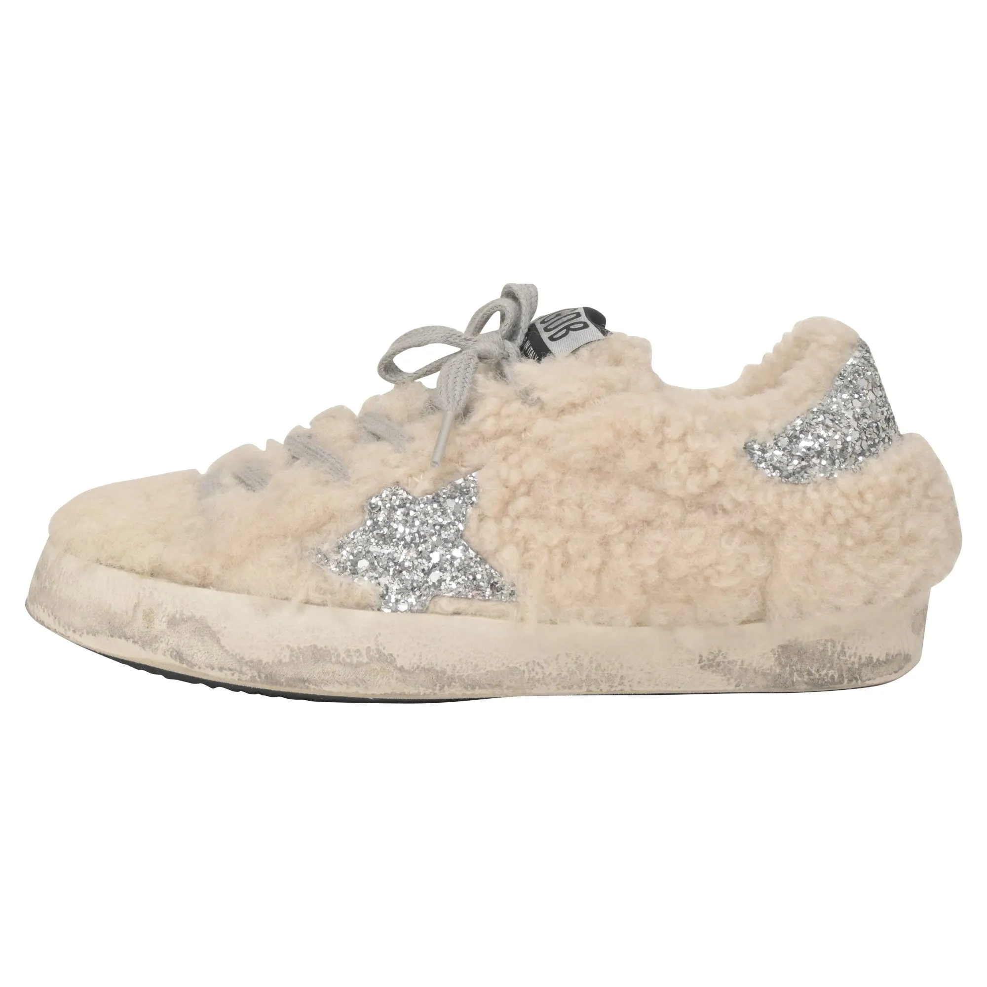 Golden Goose Superstar Sabot Distressed Glittered Shearling Slip-On Sneakers in White Wool