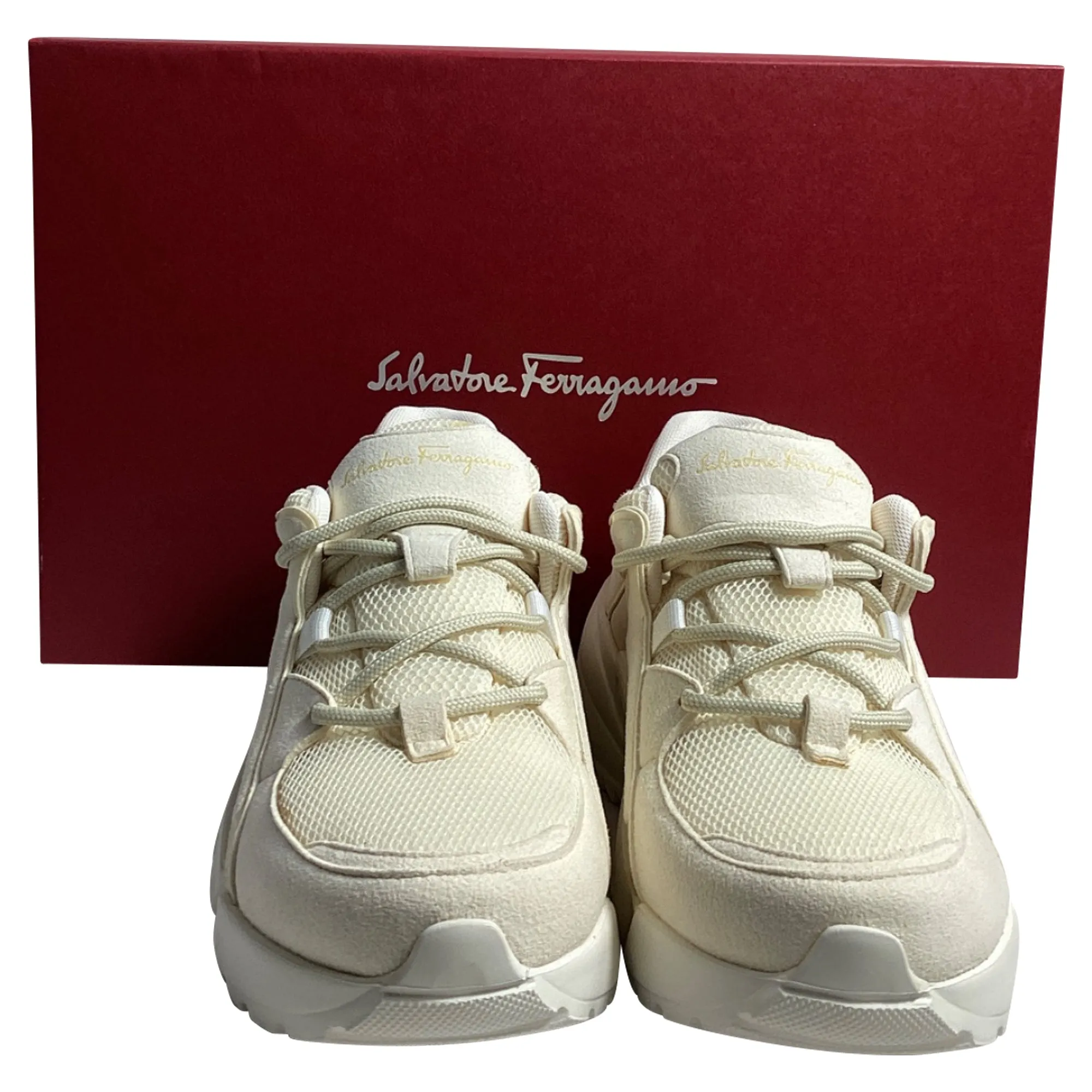 Salvatore Ferragamo Skylar Sneakers in Cream Mesh and Suede