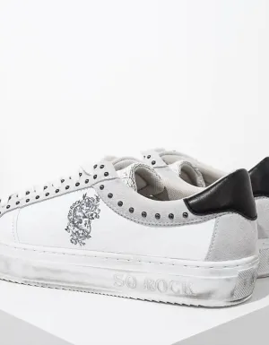 So Rock Graphic Leather Studded Sneakers In White