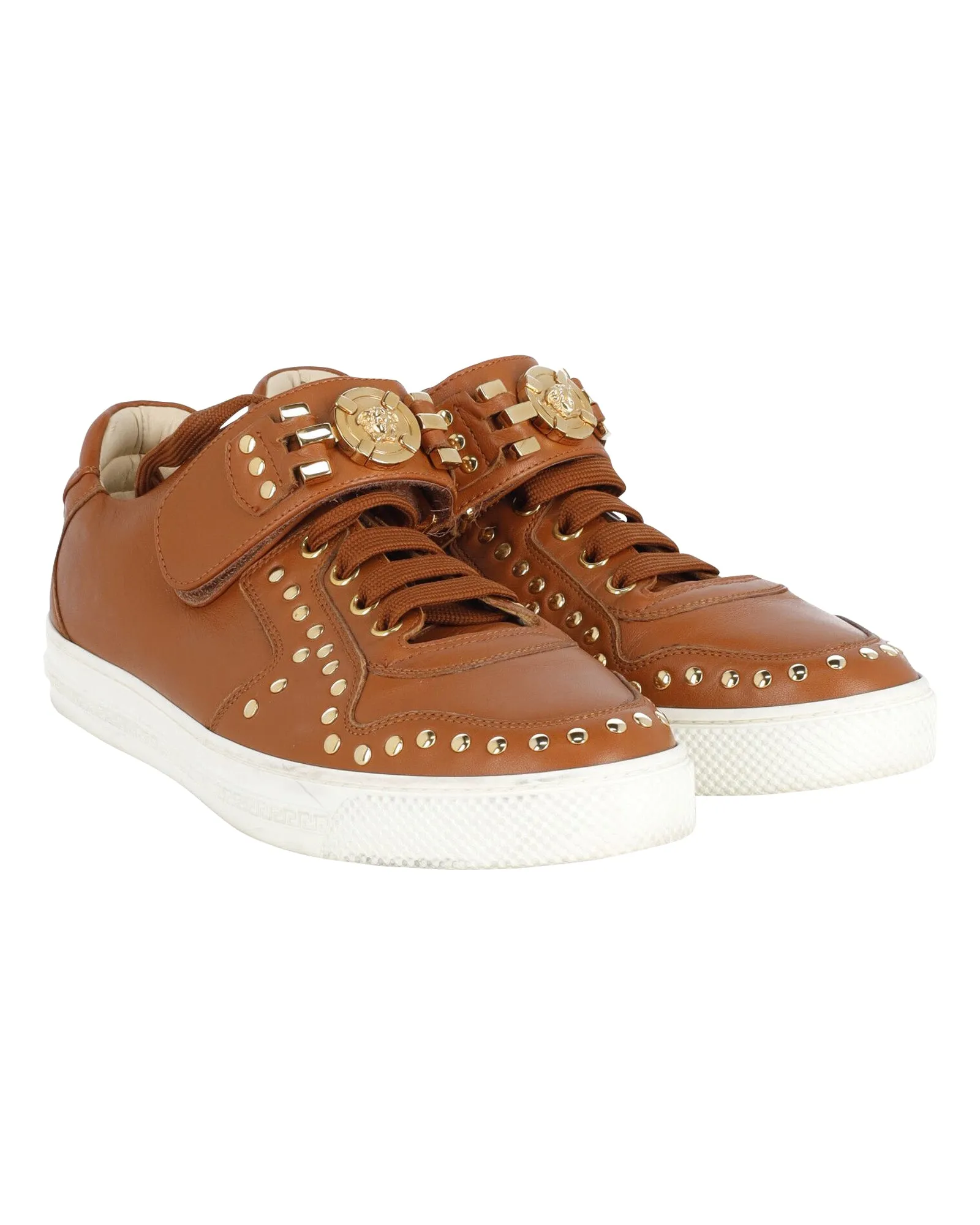 Versace Medusa Studded Low Top Sneakers in Tan Leather