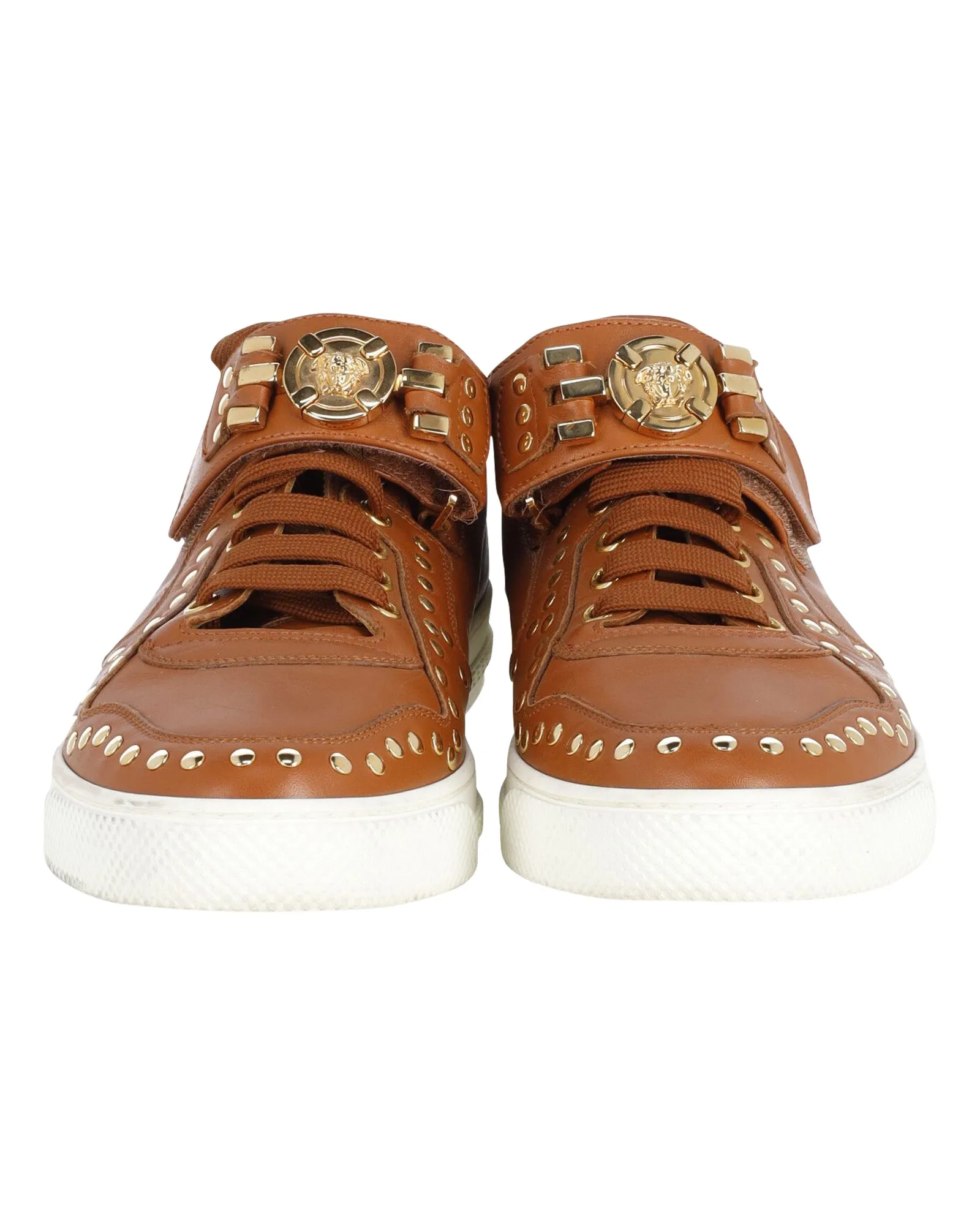 Versace Medusa Studded Low Top Sneakers in Tan Leather