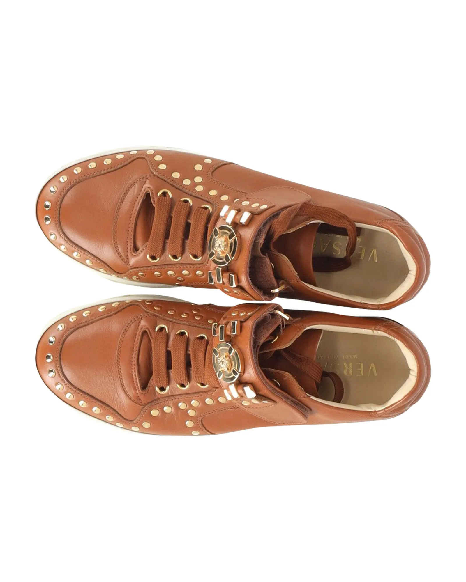 Versace Medusa Studded Low Top Sneakers in Tan Leather