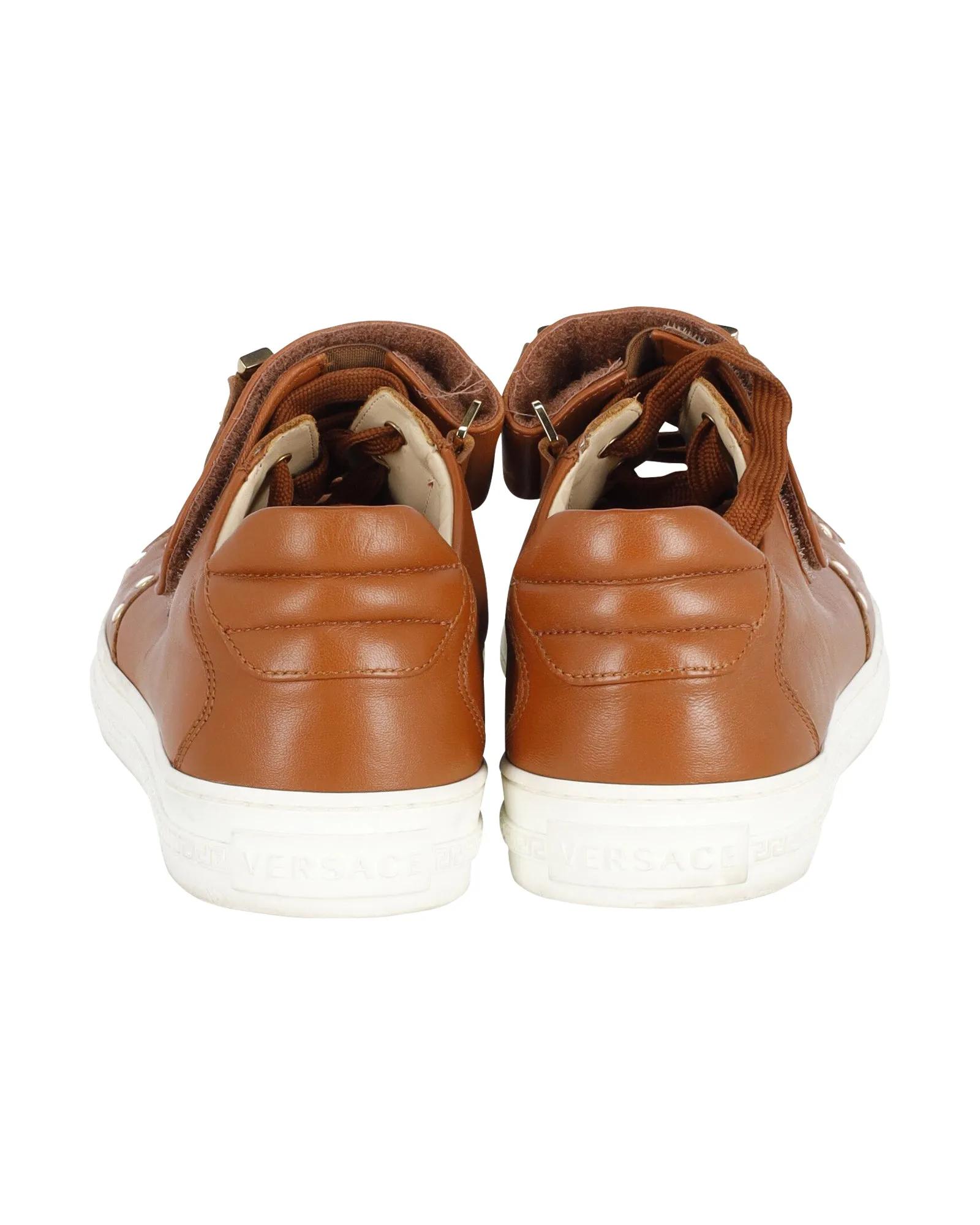 Versace Medusa Studded Low Top Sneakers in Tan Leather