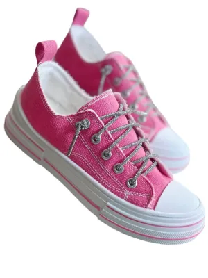 Women's Slip-On Sneakers With Sparkle Laces In Pink Glitter
