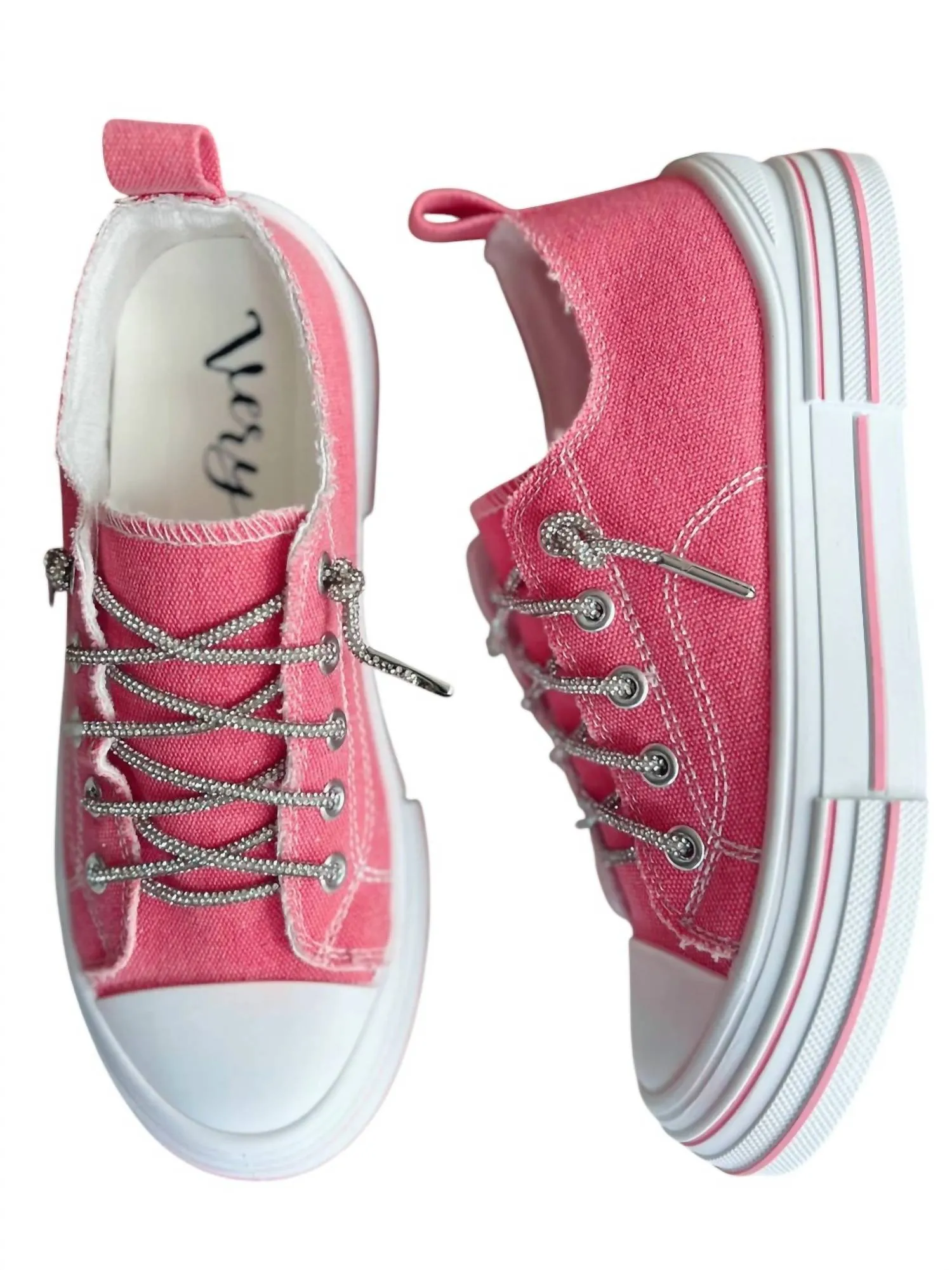 Women's Slip-On Sneakers With Sparkle Laces In Pink Glitter