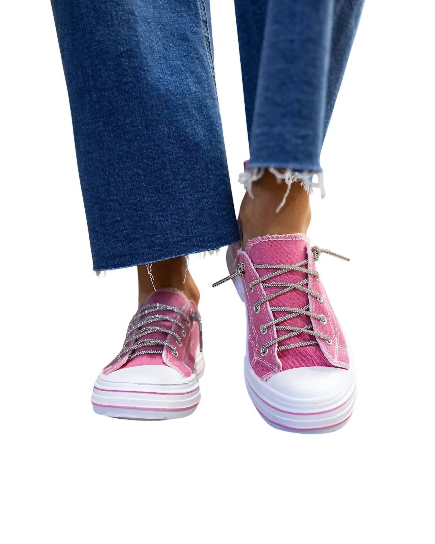 Women's Slip-On Sneakers With Sparkle Laces In Pink Glitter